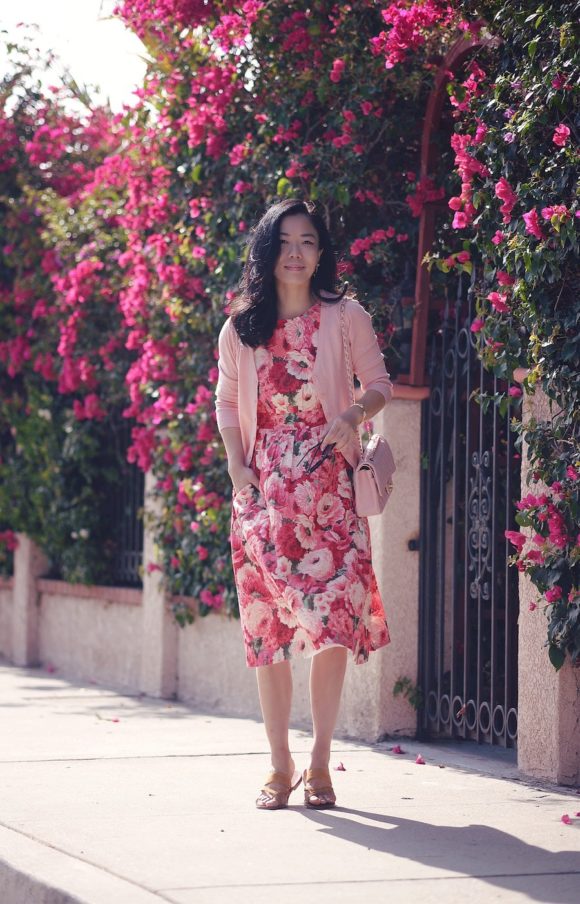 navy and pink floral midi dress