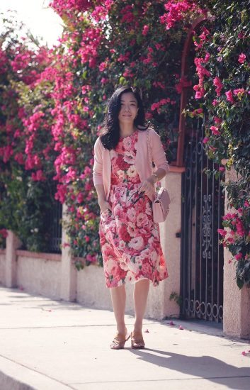 Off Work Wear: Floral Midi Dress, Pink Cardigan, Flat Sandals, via: HallieDaily