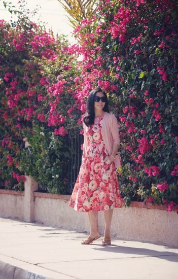 Off Work Wear: Floral Midi Dress, Pink Cardigan, Flat Sandals, via: HallieDaily