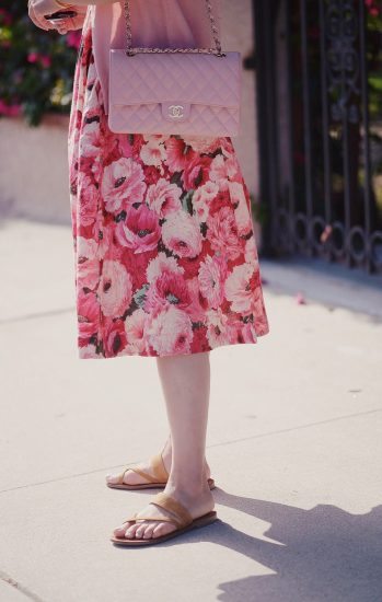 Off Work Wear: Floral Midi Dress, Pink Cardigan, Flat Sandals, via: HallieDaily