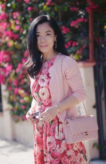 Off Work Wear: Floral Midi Dress, Pink Cardigan, Flat Sandals, via: HallieDaily