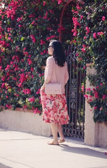 Off Work Wear: Floral Midi Dress, Pink Cardigan, Flat Sandals, via: HallieDaily