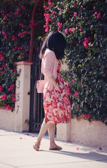 Off Work Wear: Floral Midi Dress, Pink Cardigan, Flat Sandals, via: HallieDaily