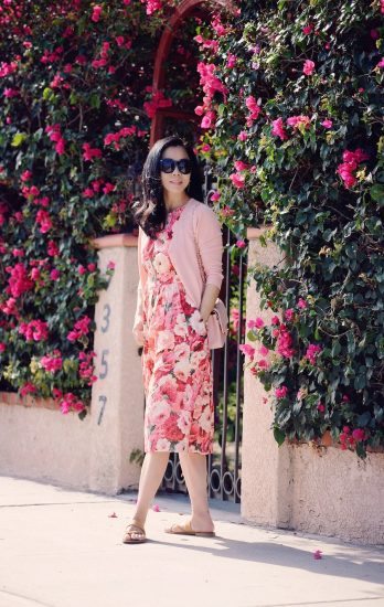 Off Work Wear: Floral Midi Dress, Pink Cardigan, Flat Sandals, via: HallieDaily