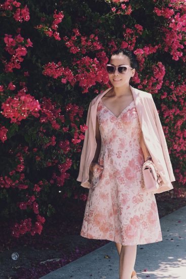 In Pink: Floral Midi Dress, Summer Light Weight Blazer, Chanel Pink Classic, Stella Mccartney Platform Sandals, Linda Farrow X 3.1 Phillip Lim Sunglasses, via: HallieDaily