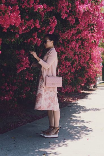 In Pink: Floral Midi Dress, Summer Light Weight Blazer, Chanel Pink Classic, Stella Mccartney Platform Sandals, Linda Farrow X 3.1 Phillip Lim Sunglasses, via: HallieDaily