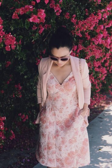 In Pink: Floral Midi Dress, Summer Light Weight Blazer, Chanel Pink Classic, Stella Mccartney Platform Sandals, Linda Farrow X 3.1 Phillip Lim Sunglasses, via: HallieDaily