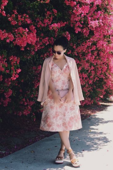 In Pink: Floral Midi Dress, Summer Light Weight Blazer, Chanel Pink Classic, Stella Mccartney Platform Sandals, Linda Farrow X 3.1 Phillip Lim Sunglasses, via: HallieDaily