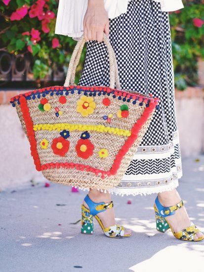 Vacation Style, Balloon Sleeve Top, Maxi Skirt, Straw Tote, Prada Sunglasses, Dolce & Gabbana Sandals, via: HallieDaily