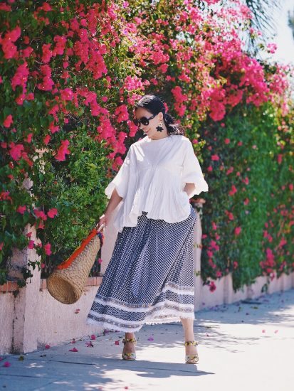 Vacation Style, Balloon Sleeve Top, Maxi Skirt, Straw Tote, Prada Sunglasses, Dolce & Gabbana Sandals, via: HallieDaily