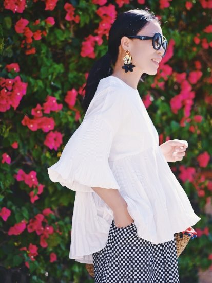 Vacation Style, Balloon Sleeve Top, Maxi Skirt, Straw Tote, Prada Sunglasses, Dolce & Gabbana Sandals, via: HallieDaily