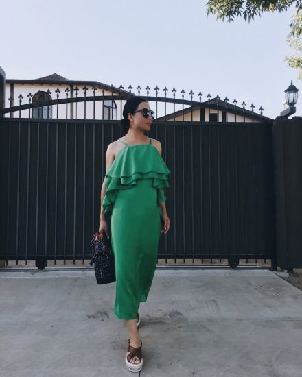 Ruffle Dress, Summer Night Out, Green Dress, Chanel Bag, Prada Sandals, via: HallieDaily