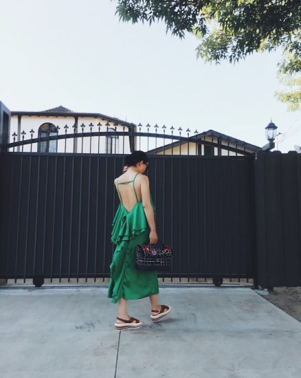 Ruffle Dress, Summer Night Out, Green Dress, Chanel Bag, Prada Sandals, via: HallieDaily