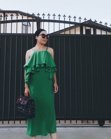 Ruffle Dress, Summer Night Out, Green Dress, Chanel Bag, Prada Sandals, via: HallieDaily