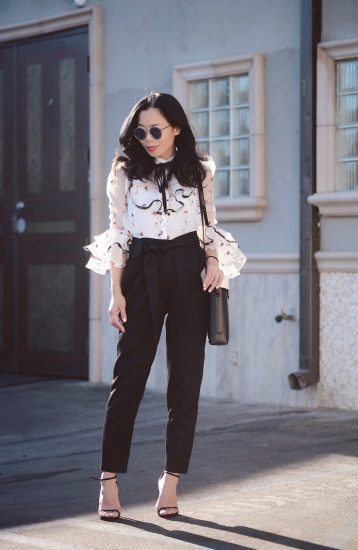 Ruffle Sleeves Top, High Waist Self Tie Pants, Black and White, via: HallieDaily