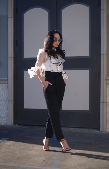 Ruffle Sleeves Top, High Waist Self Tie Pants, Black and White, via: HallieDaily