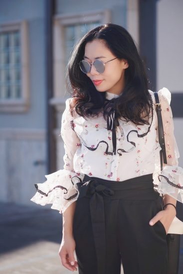 Ruffle Sleeves Top, High Waist Self Tie Pants, Black and White, via: HallieDaily