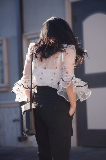 Ruffle Sleeves Top, High Waist Self Tie Pants, Black and White, via: HallieDaily