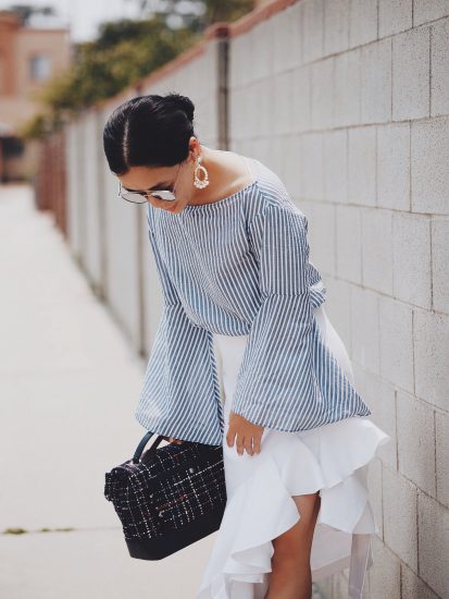 Bell Sleeve Top, High-low Ruffle Skirt, Platform Sneakers, Chanel Tweed Bag, Via: HallieDaily