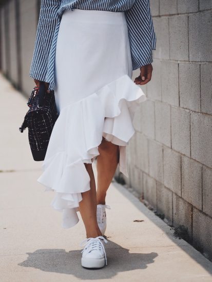 Bell Sleeve Top, High-low Ruffle Skirt, Platform Sneakers, Chanel Tweed Bag, Via: HallieDaily