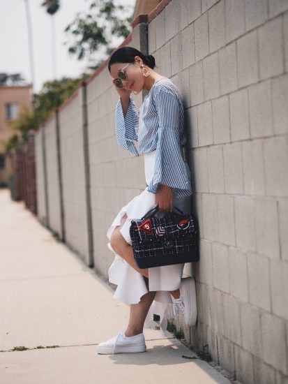 Bell Sleeve Top, High-low Ruffle Skirt, Platform Sneakers, Chanel Tweed Bag, Via: HallieDaily