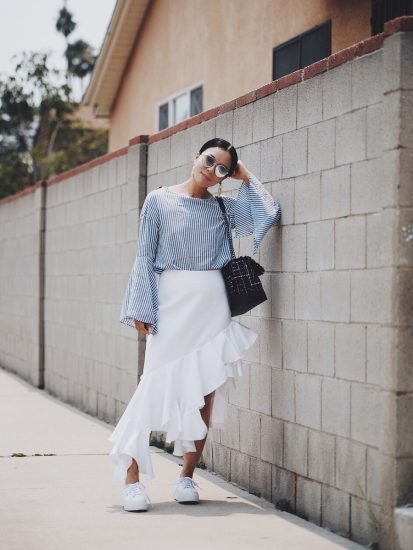 Bell Sleeve Top, High-low Ruffle Skirt, Platform Sneakers, Chanel Tweed Bag, Via: HallieDaily