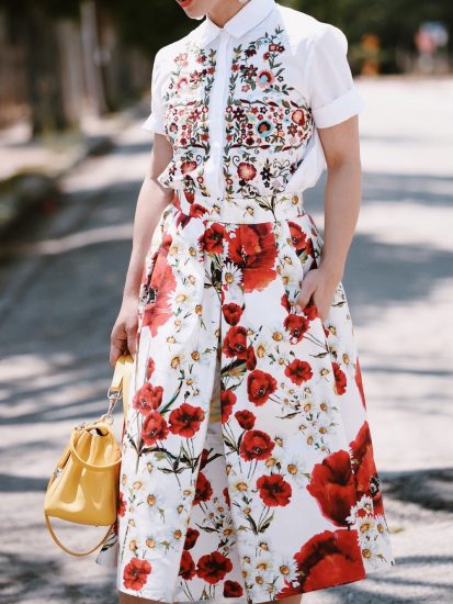 Summer Flowers, Zara EMBROIDERED POPLIN SHIRT, Dolce & Gabbana Floral Midi Skirt, Aquazzura Wild Thing Sandals, Carolina Herrera Bag, Prada Round Sunglasses, via: HallieDaily