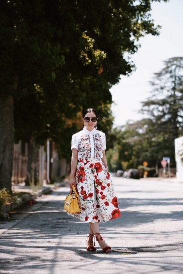 Summer Flowers, Zara EMBROIDERED POPLIN SHIRT, Dolce & Gabbana Floral Midi Skirt, Aquazzura Wild Thing Sandals, Carolina Herrera Bag, Prada Round Sunglasses, via: HallieDaily