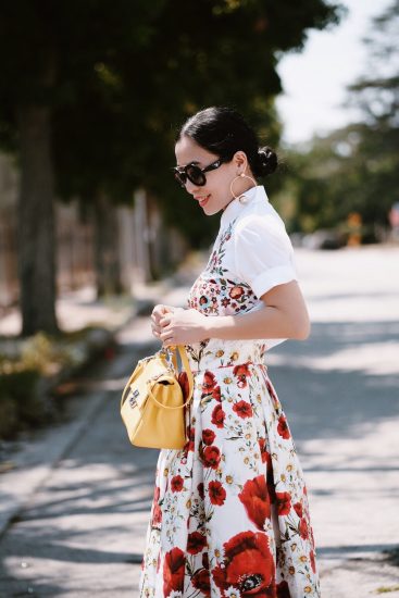 Summer Flowers, Zara EMBROIDERED POPLIN SHIRT, Dolce & Gabbana Floral Midi Skirt, Aquazzura Wild Thing Sandals, Carolina Herrera Bag, Prada Round Sunglasses, via: HallieDaily