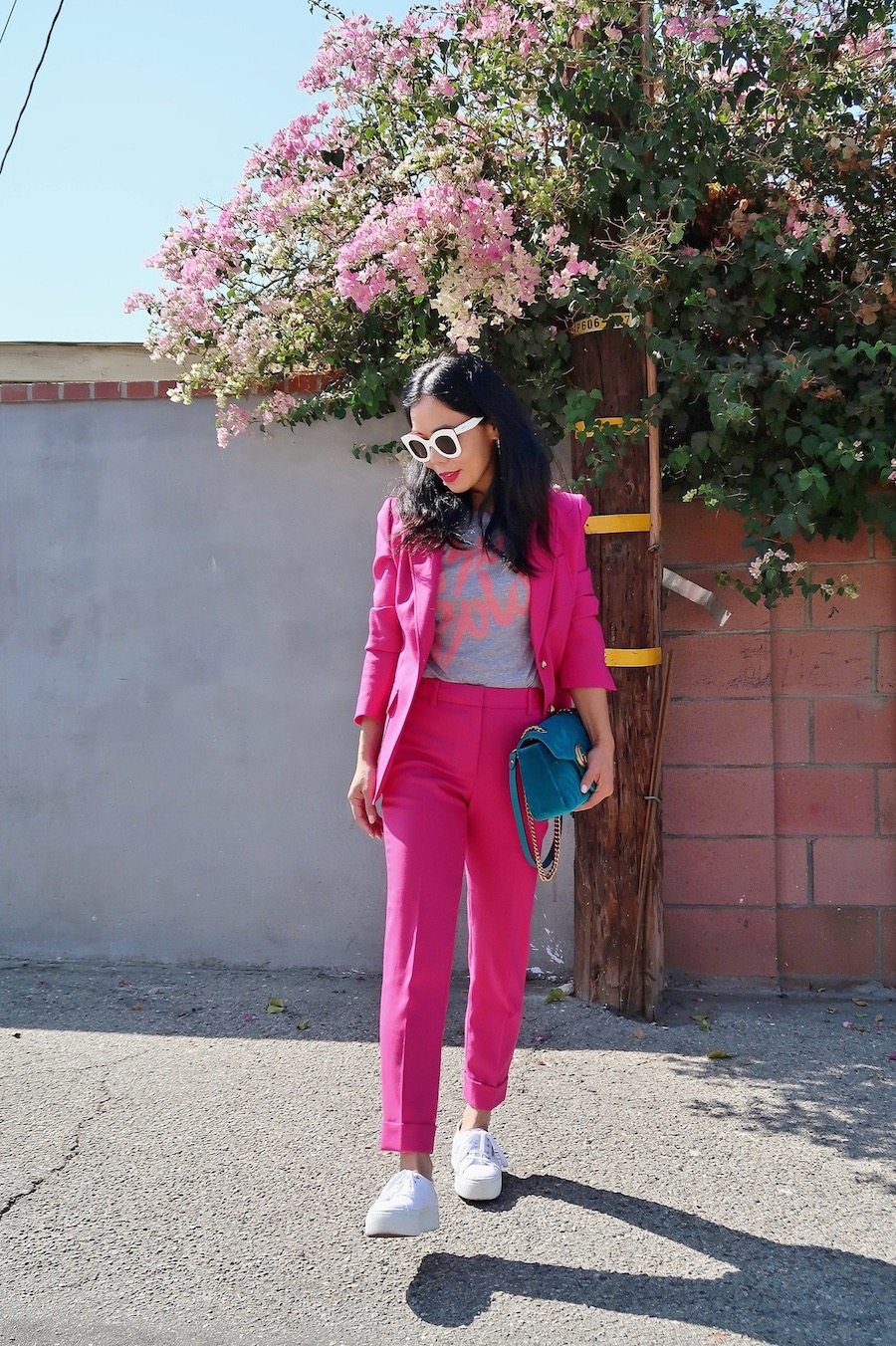 Hot Pink J.Crew Suit, Celine Sunglasses, Sneakers Style, Gucci Bag 3