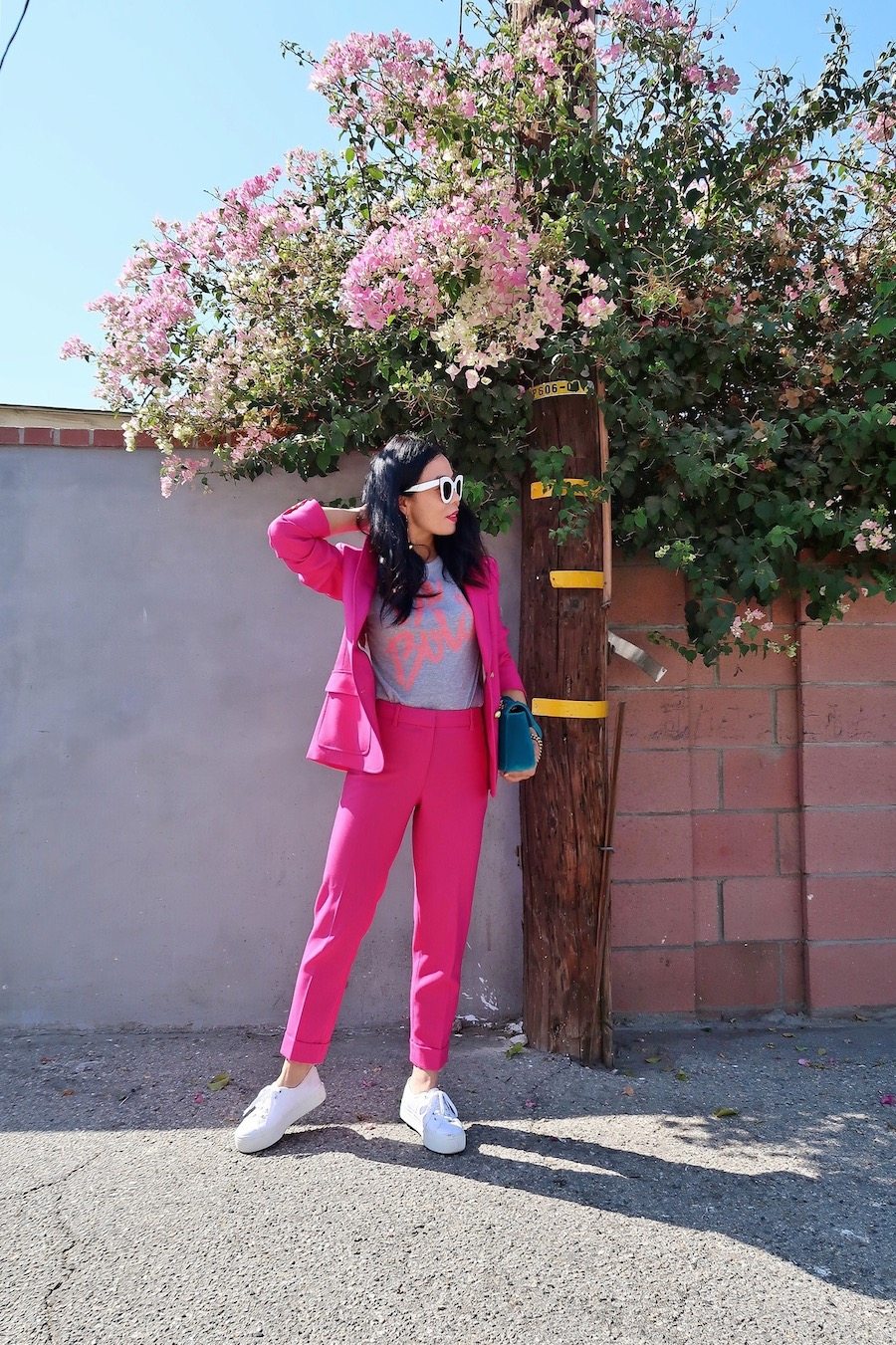 Hot Pink J.Crew Suit, Celine Sunglasses, Sneakers Style, Gucci Bag