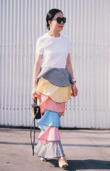 Summer Style, Rainbow Ruffle, Gingham Skirt, Chanel Two Tone Shoes, ACNE White Tee, Dolce & Gabbana Box Bag, via: HallieDaily