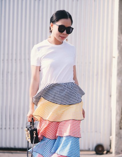 Summer Style, Rainbow Ruffle, Gingham Skirt, Chanel Two Tone Shoes, ACNE White Tee, Dolce & Gabbana Box Bag, via: HallieDaily