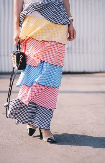 Summer Style, Rainbow Ruffle, Gingham Skirt, Chanel Two Tone Shoes, ACNE White Tee, Dolce & Gabbana Box Bag, via: HallieDaily