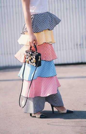 Summer Style, Rainbow Ruffle, Gingham Skirt, Chanel Two Tone Shoes, ACNE White Tee, Dolce & Gabbana Box Bag, via: HallieDaily