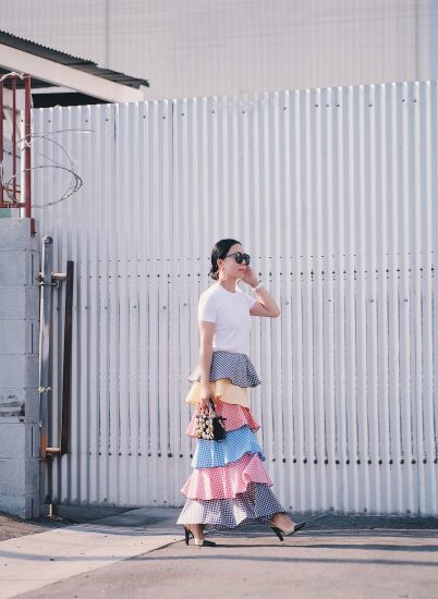 Summer Style, Rainbow Ruffle, Gingham Skirt, Chanel Two Tone Shoes, ACNE White Tee, Dolce & Gabbana Box Bag, via: HallieDaily