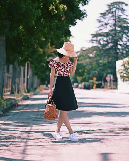 Weekend Style, Floral Off-the-shoulder Top, Co A-line Skirt, J,Crew Straw Hat, Straw Tote, Gold Earrings, Platform Sneakers, via: HallieDaily