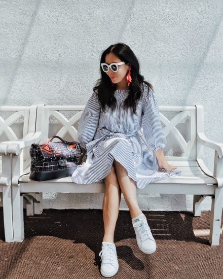 Summer Style, White Sunglasses, Platform Sneakers, Off-the-shoulder Dress, Flower Earrings, via: HallieDaily