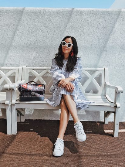 Summer Style, White Sunglasses, Platform Sneakers, Off-the-shoulder Dress, Flower Earrings, via: HallieDaily