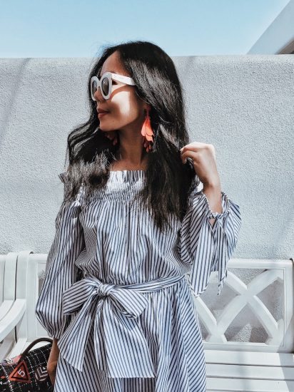 Summer Style, White Sunglasses, Platform Sneakers, Off-the-shoulder Dress, Flower Earrings, via: HallieDaily