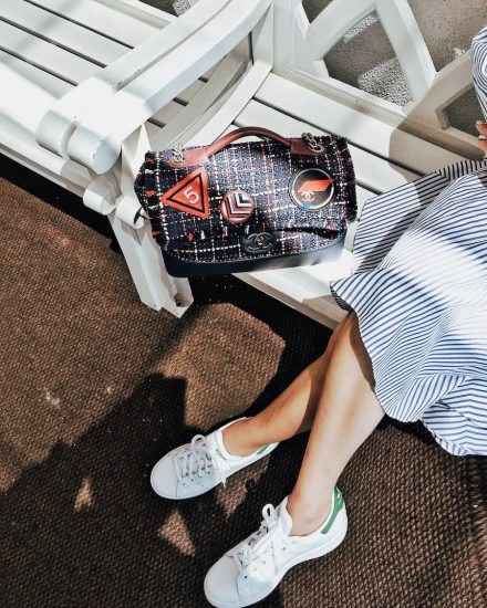 Summer Style, White Sunglasses, Platform Sneakers, Off-the-shoulder Dress, Flower Earrings, via: HallieDaily