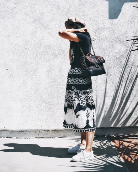 Beret Style, Gucci Beret, J.Crew Printed Skirt, J.Crew Printed Tee, Chanel Tweed Bag, Platform Sneakers, LA, via: HallieDaily