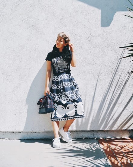 Beret Style, Gucci Beret, J.Crew Printed Skirt, J.Crew Printed Tee, Chanel Tweed Bag, Platform Sneakers, LA, via: HallieDaily