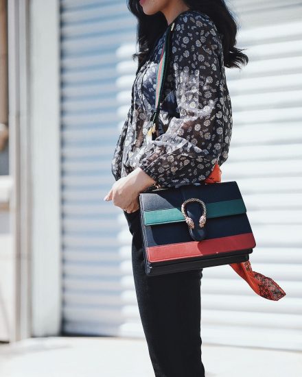 Floral Shirt, Flare Kick Jeans, Gucci Bag, Gucci Shoes, Straw Hat, Via: HallieDaily