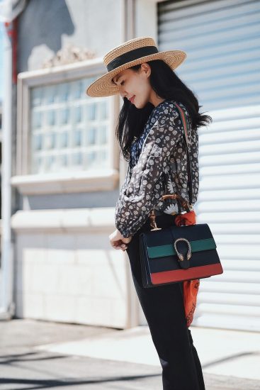 Floral Shirt, Flare Kick Jeans, Gucci Bag, Gucci Shoes, Straw Hat, Via: HallieDaily