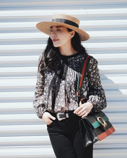 Floral Shirt, Flare Kick Jeans, Gucci Bag, Gucci Shoes, Straw Hat, Via: HallieDaily