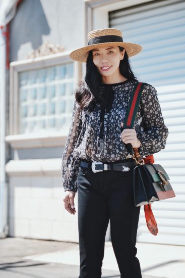 Floral Shirt, Flare Kick Jeans, Gucci Bag, Gucci Shoes, Straw Hat, Via: HallieDaily