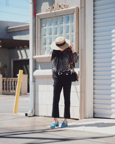 Floral Shirt, Flare Kick Jeans, Gucci Bag, Gucci Shoes, Straw Hat, Via: HallieDaily