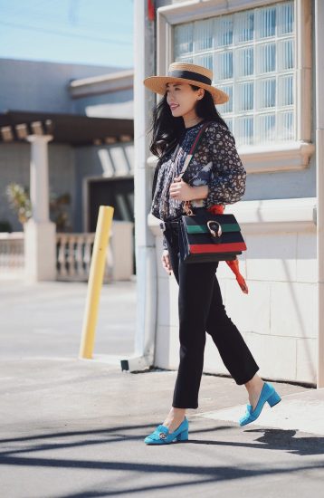 Floral Shirt, Flare Kick Jeans, Gucci Bag, Gucci Shoes, Straw Hat, Via: HallieDaily