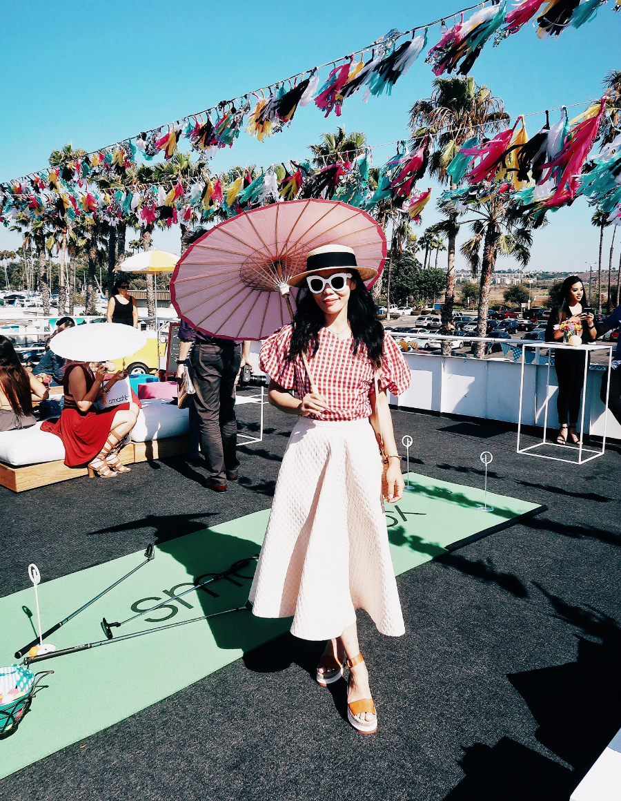 Sunset Cruise, Red Plaid Top, Midi Skirt, Straw Boater Hat, via: HallieDaily